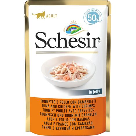 Schesir, Cibo Umido per Gatti Adulti Tonno Pollo Gamberetti, in Morbida Gelatina - (30 Buste da 50g) (1/3)