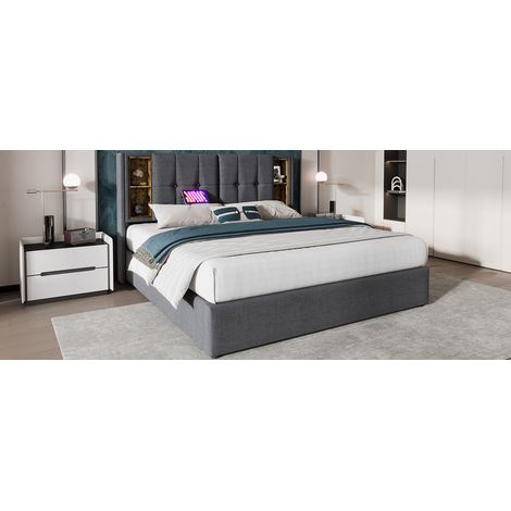 Lit double avec sommier sans câble. Capacité du lit : 140x200 cm. Le cadre du lit est équipé d’un espace de rangement. Le sommier est en bois-gris, tissé en coton. Il y a également un matelas inclus d (1/5)