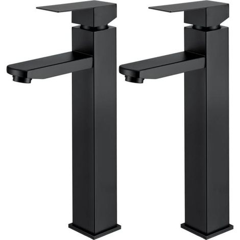 2x schwarze Waschtischarmatur, hohe Waschtischarmatur mit quadratischem Griff, Edelstahl-Handwaschtischarmatur