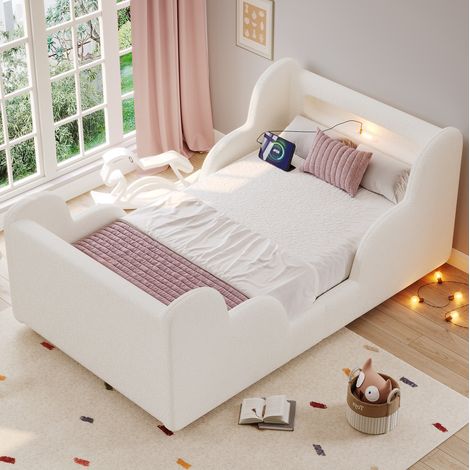 Lit enfant 90 x 200 cm en velours beige avec barrières rembourrées, veilleuse et USB (1/5)