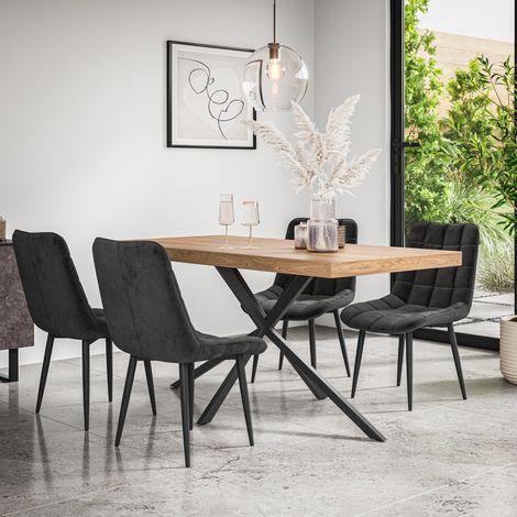 Donni Dining Table And Chairs - Oak Effect Table Top w Black Legs + Nova Velvet Dining Chair Set Of 4 (Black) (1/5)