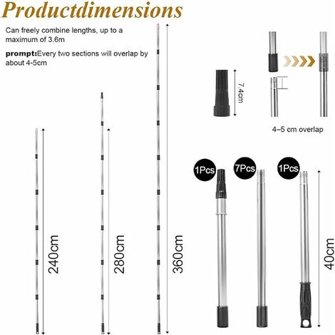 Telescopic Rod 3.6 m, Telescopic Handle, Stainless Steel, for Cleaning Windows, Paint Rollers and Tall Walls (1/4)