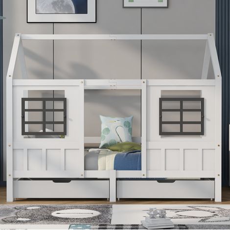 Hausbett 207x97x174 cm Weiß aus Massivholz und MDF mit Fenstern und 2 Schubladen (1/5)