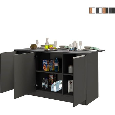 Îlot central moderne 155x90x90 cm – 3 portes battantes – Surface pour 3 places assises – Compartiments de rangement – Design linéaire noir et gris