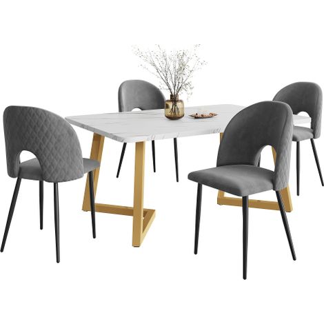 Ensemble 5p : table 117×68cm pieds dorés, chaises velours gris losange