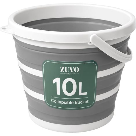 Seau Pliable en Silicone 10L avec Couvercle – Seau Rond pour Balai et Nettoyage – Idéal Voyage, Pêche et Maison – Gain de Place, Blanc/Gris (1/5)