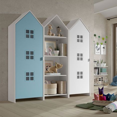 BEAUVILLE - Pack Bibliothèque + 2 Armoires Cabane Portes Blanche et Bleue (1/5)