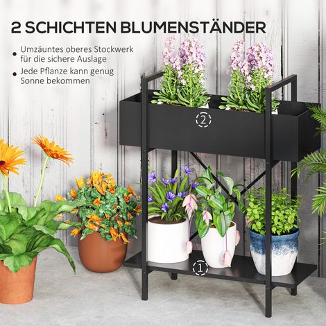 Poteau à plantes 2 niveaux, support pour pots avec trous de drainage, intérieur et extérieur, métal noir (1/5)