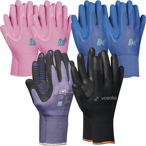 Arbeitshandschuhe Kinder 5 - 8 Jahre - Kinder Gartenhandschuhe 2x Pink und 2x Blau + 1x Multiflex Handschuhe Damen Größe 6 (1/5)