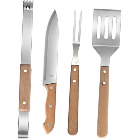 Kit Ustensiles de Barbecue Acier Inoxydable avec Manches Bois Pratiques pour Camping et Cuisine Extérieure Spatule Pince Fourchette et Couteau Ergonomiques Résistants et Faciles à (1/5)