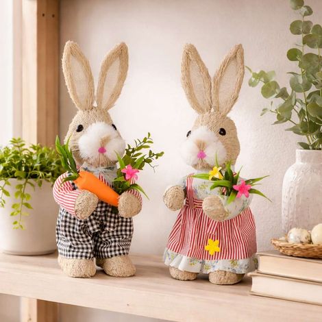 Coppia coniglietti di campagna decorativi con salopette e vestitino h 35 cm