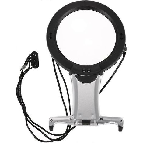 Leselupe mit 2 Vergrößerungslinsen (x2 und x6), freihändiger LED-Beleuchtung und Handschlaufe zum Tragen.