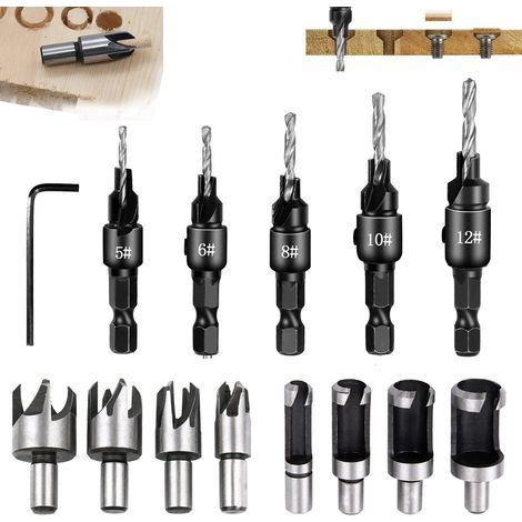 AIDUCHO 14 Pcs Fraise Metal Bois Kit,8 Pcs Meche a Bouchonner Bois,5 Pcs 1/4 Mèche à Bois pour Perceuse, Avec Clé Hexagone, pour Fraises Ensemble de Forets le Travail du Bois (1/5)