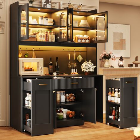 Armario alto de cocina 120 cm con LED RGB, 3 vitrinas y bandejas extraíbles OKMYHOME (1/5)