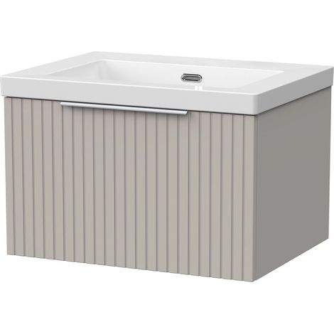 Callingwood Contemporary Wall Hung 1 Drawer Vanity Unit with 0 Tap Hole Fireclay Basin , 600mm, Pebble Grey