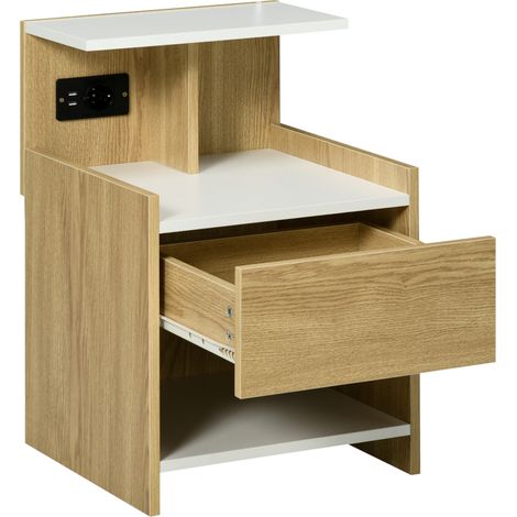 Moderner Nachttisch mit 2 Steckdosen, 2 USB-Anschlüssen und Schublade, aus Spanplatte, 40 x 40 x 60 cm, Holzfarbe