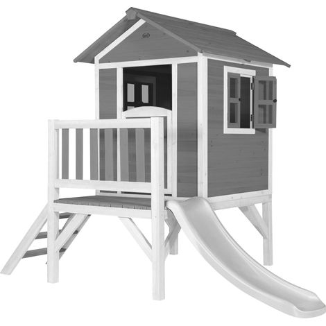 AXI – Cabane de jardin pour enfant avec toboggan blanc – Maison en bois FFC – Hauteur 57 cm – Longueur toboggan 118 cm – Design contemporain gris