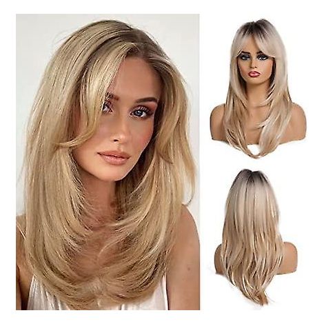 perruque Ombre Blonde Pour Femmes De 20 Pouces Avec Frange, Longue Verticale Naturelle, Avec Racines Fonces, Perruque Synthtique Rsistante  La Cha (1/5)