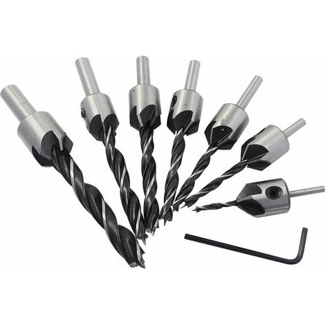 7pcs Fraise Bois Mèche à Bois 5 Flte Foret Conique Set en HSS Acier à Haute Vitesse à Bois Aésoir Chanfreinage Outil 3 4 5 6 7 8 10mm Avec Clé Hexagonale (1/4)