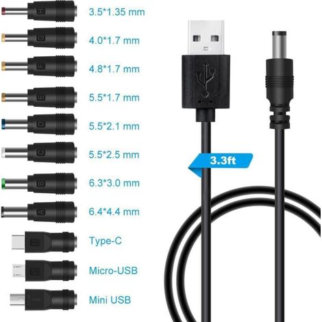 cable usb vers dc 5v,Câble USB vers DC d'alimentation,11-en-1 DC adaptateur alimentation 5.5 x 2.1mm DC Barrel Jack pour Ordinateur Portable, Routeur etc(1m, noir)