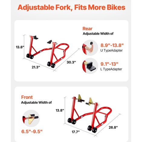 Béquille Roue Avant et Arrière, Lève Moto Charge 385,6 kg, avec Fourche Avant Double, Fourche Arrière U+L, Bras Oscillant, Compatible avec la Plupart des Motos Yamaha, Honda, Kawasaki, Suzuki (1/5)