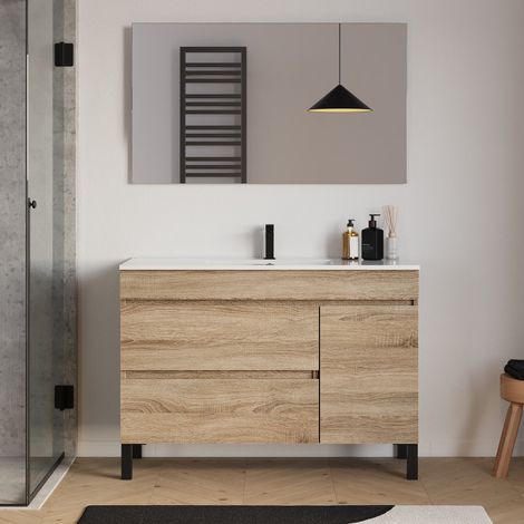 Meuble de salle de bain 120cm simple vasque sur pieds avec porte et tiroirs - cambrian (chêne clair) - LAZARO (1/5)