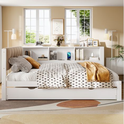 Lit gigogne 140 x 200 cm en pin blanc avec LED, USB et rangements (1/5)