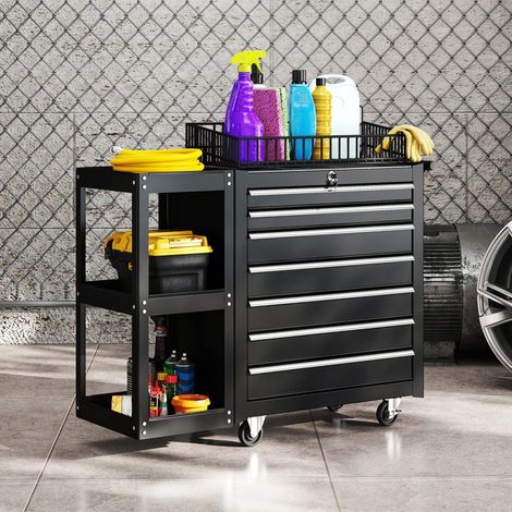 Chariot à outils avec 7 tiroirs - 96x33,5x75cm - noir - étagère latérale amovible - 4 roulettes avec frein à main - Idéal