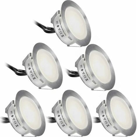 Juego de 6 focos LED empotrables para exteriores, luz blanca fría 4500K, resistentes al agua IP67, DC12V 1.5W Ø55mm, focos empotrables para exteriores para terrazas y escaleras de madera, con enchufe  (1/5)