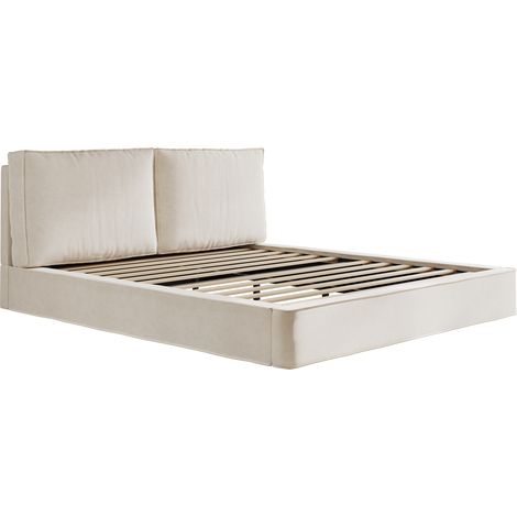Cama doble 180 x 200 cm con somier, cabecero tapizado en chenilla beige (1/5)