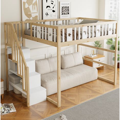 Cama alta infantil con escalera y estantes natural OKMYHOME (1/5)