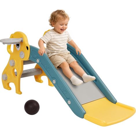 Toboggan Enfant, Toboggan pour Enfants 3 en 1 en Forme avec Panier de Basket, Escalade et Ballon, Toboggan de 3 Ans, Toboggan Interieur Enfant, Coins Arrondis pour Économiser De l'espace, Jaune (1/5)