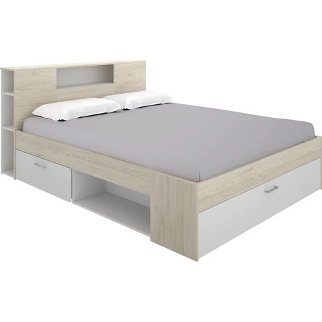 Lit avec tête de lit rangements et tiroir - 180 x 200 cm - Coloris : Naturel et blanc - LEANDRE (1/5)