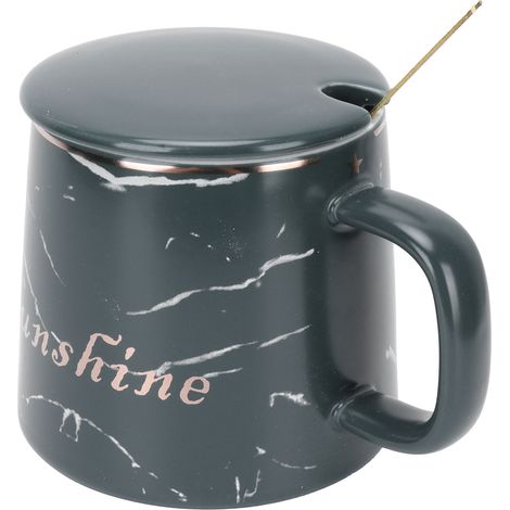Original Keramikbecher mit Marmormuster, inklusive Löffel und grünem Deckel, für Zuhause, Reisen, Büro und Outdoor-Aktivitäten (1/5)