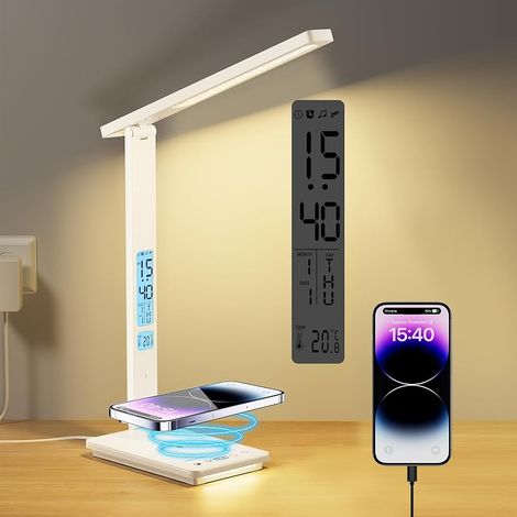 Lampe de Bureau LED avec Chargeur sans Fil & Port USB, 5 Couleurs Luminosité Variable Touch Control, Lampe Chevet 2 Veilleuses, Large Écran LCD Horloge Température, Lampe pour Bureau Étude (1/5)