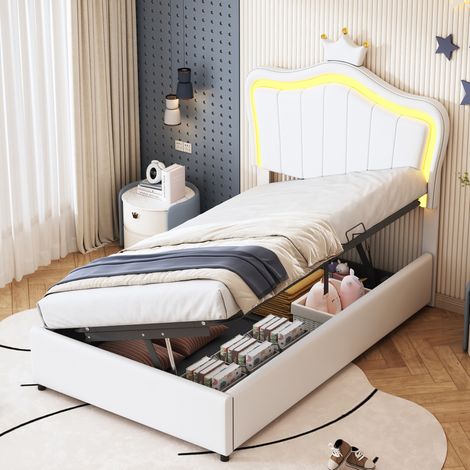 Lit simple 90x200 avec rangement LED blanc OKMYHOME (1/5)