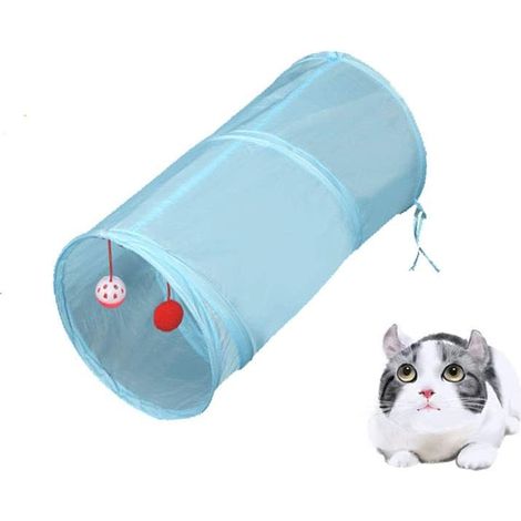 Tunnels Interactif - Pliable Et Léger En Tissu Froissé Avec Pompon Et Cloches Pour Chats - Petits Lapins - Chatons, Chiots - Furets - Bleu Ciel (1/5)