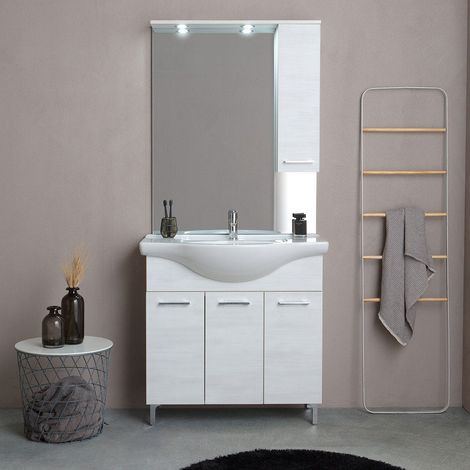 Kiamami Valentina – Meuble de salle de bains au sol 85 cm – Chêne blanc effet bois – 3 portes – Lavabo céramique avec trop-plein – Miroir avec spots LED — vue 2