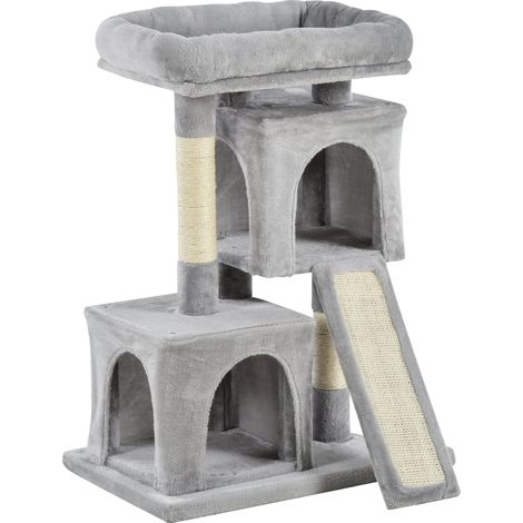 Albero Tiragraffi con Lettino e 2 Casette 59x39x83 cm Pali in Sisal Grigio (1/5)
