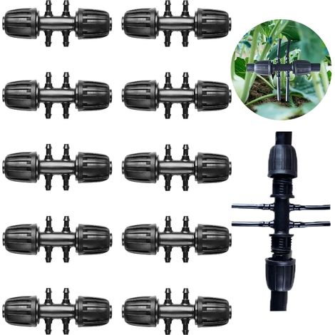 Lot de 10 raccords en T cannelés pour système d'irrigation goutte à goutte. Irrigation étanche, compatible avec les tuyaux de 8/12 à 4/7 pouces. (1/4)