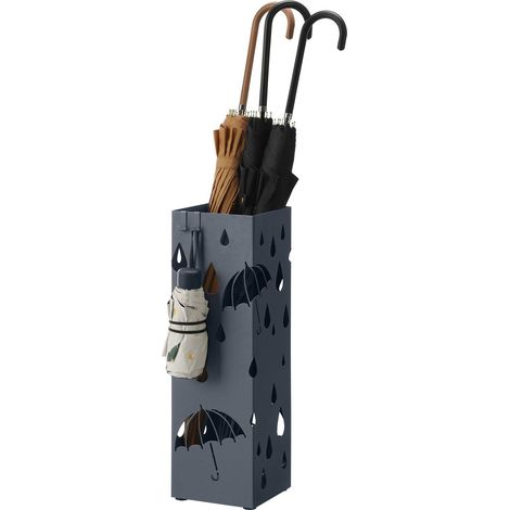 SONGMICS Porta Ombrelli in Metallo, Contenitore per Ombrelli con Vaschetta Scolapioggia e 4 Gancetti, 15,5 x 15,5 x 49 cm, Grigio Antracite (1/5)