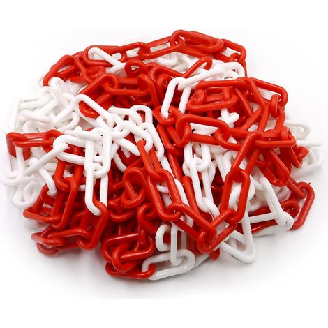 Chaîne de signalisation en plastique rouge et blanc 10 m x 8 mm - Chaîne de signalisation légère et pratique avec 4 crochets en S - Chaîne en plastique pour bloquer les surfaces (1/5)