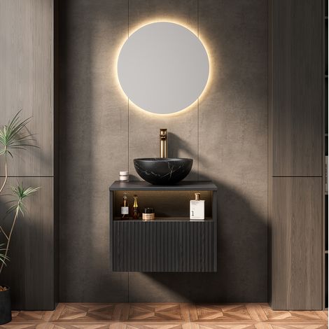Meuble vasque suspendu 60x46x60,8 cm en céramique noir, LED à détection, rangement intégré – MEUBLIV (1/5)