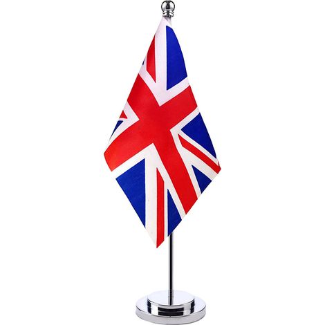 Drapeau du Royaume-Uni en polyester, petit pavillon britannique de table avec support et base, décoration pour bureau, maison, fêtes et événements. (1/5)