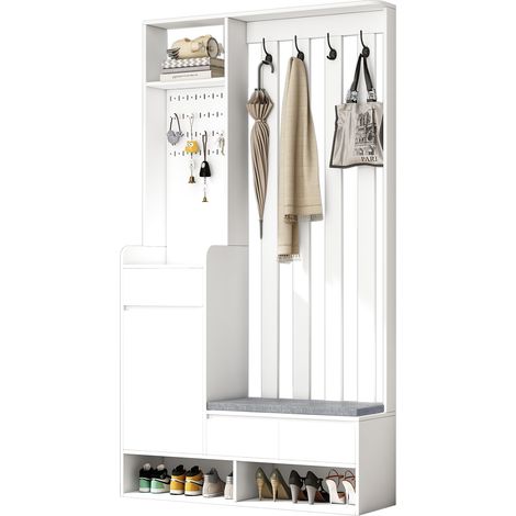Garderobenmöbel mit Gepolsterter Sitzbank, Lochwand, 1 Tür, 1 Schublade und 4 Haken, aus MDF, Weiß, 100×35×180 cm (1/5)