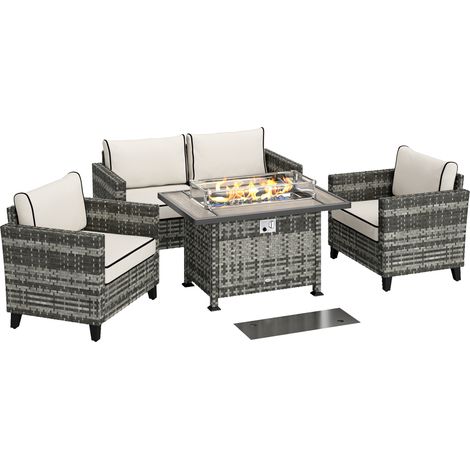 Outsunny 5 PCs Rattan Garden Furniture Set with Gas Fire Pit Table Grey (1/5)