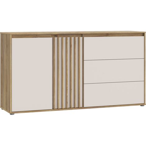 Buffet ELISTON AUCUNE 160 cm Blanc mat & Chêne naturel, 2 portes 3 tiroirs (1/5)