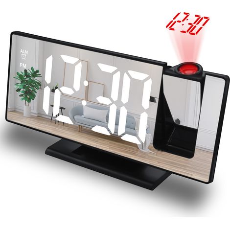 Réveil à Projection Plafond Radio FM - Réveil Electronique Enfant Écran Miroir Double Alarmes Affichage Température Et Humidité 4 Niveaux De Luminosité avec Plug USB-Noir