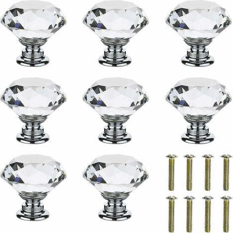 30mm cabinet knob, crystal cabinet knob, 8 drawer knobs, furniture handles, zinc alloy, with screws, strong and durable, crystal shape