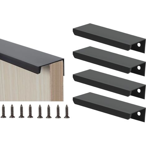 4Pcs Poignée d'armoire Invisible Poignée de Tiroir Dissimulée en Alliage d'aluminium Poignée Profilée Noir Moderne Poignée de Meuble avec 8 Vis pour Armoires de Cuisine, Placard, Tiroir(Entraxe 64mm-L (1/5)